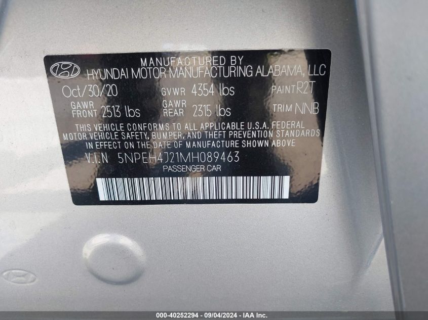 2021 Hyundai Sonata Limited VIN: 5NPEH4J21MH089463 Lot: 40252294