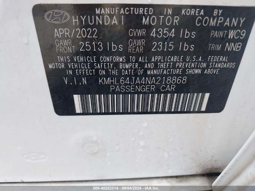 2022 Hyundai Sonata Sel VIN: KMHL64JA4NA218868 Lot: 40252314