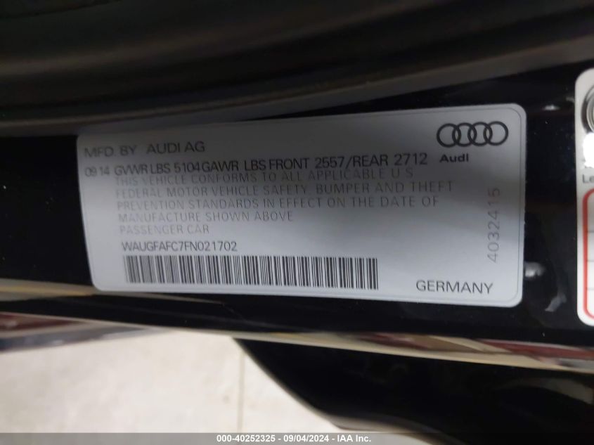 2015 Audi A6 2.0T Premium VIN: WAUGFAFC7FN021702 Lot: 40252325