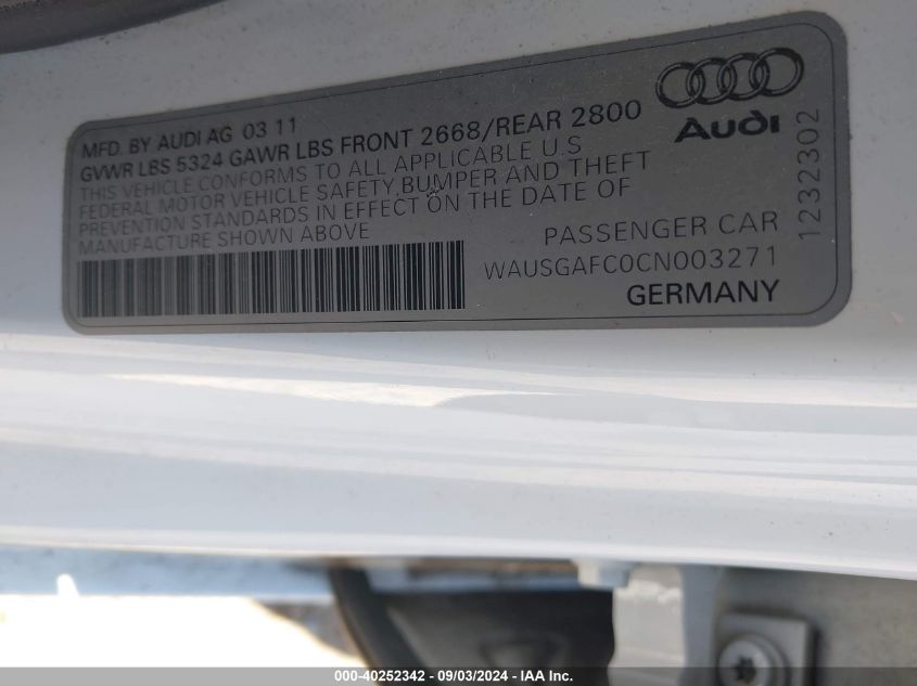 2012 Audi A7 Premium VIN: WAUSGAFC0CN003271 Lot: 40252342