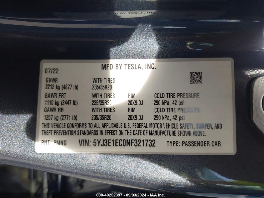 2022 Tesla Model 3 Performance Dual Motor All-Wheel Drive VIN: 5YJ3E1EC0NF321732 Lot: 40252397