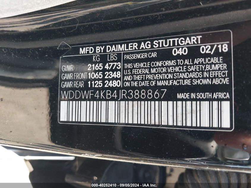 2018 Mercedes-Benz C 300 4Matic VIN: WDDWF4KB4JR388867 Lot: 40252410