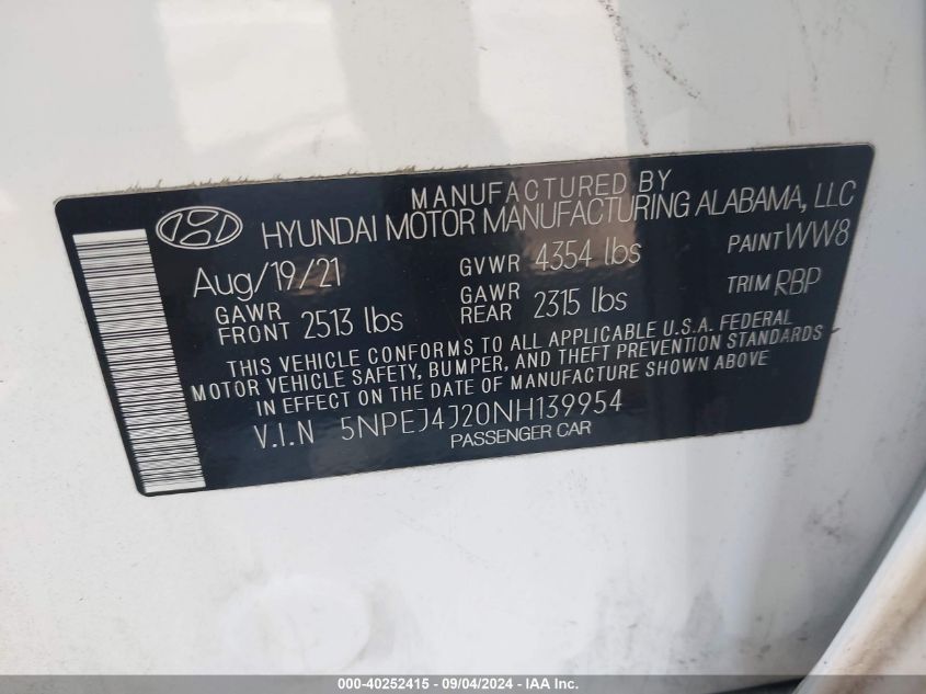 2022 Hyundai Sonata Sel Plus VIN: 5NPEJ4J20NH139954 Lot: 40252415