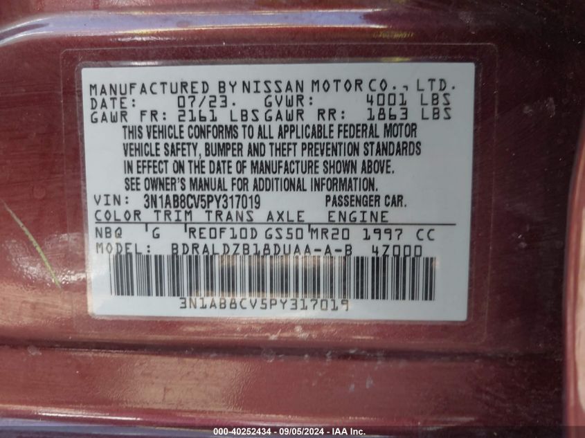 2023 Nissan Sentra Sv Xtronic Cvt VIN: 3N1AB8CV5PY317019 Lot: 40252434