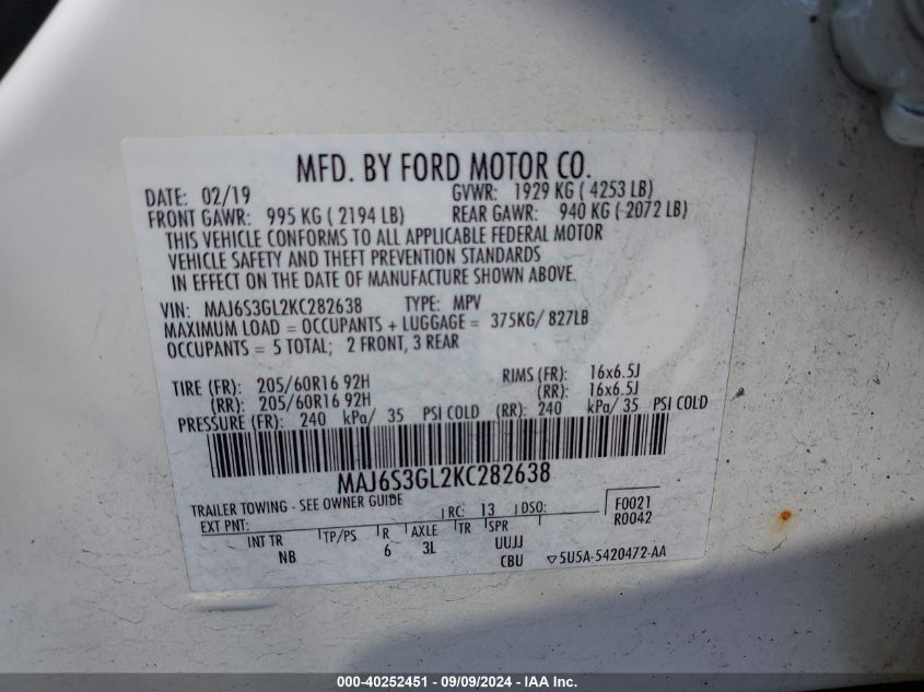 MAJ6S3GL2KC282638 2019 Ford Ecosport Se