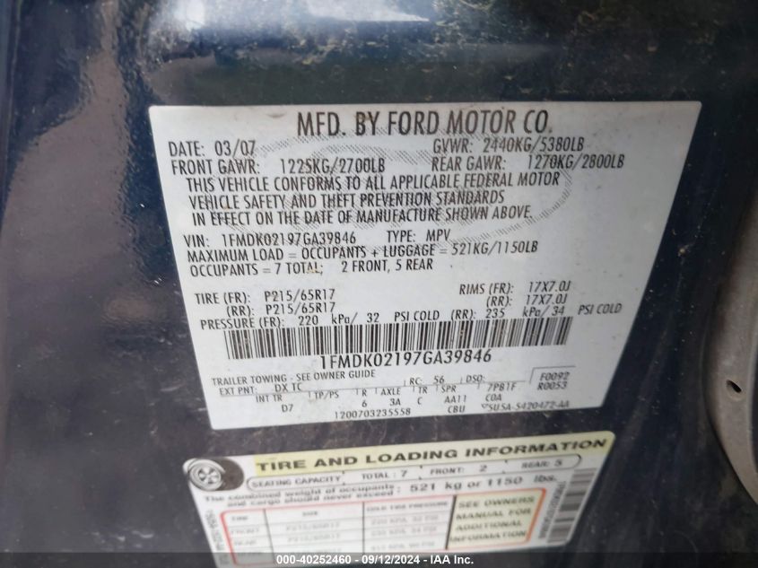 1FMDK02197GA39846 2007 Ford Freestyle Sel