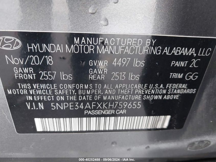 5NPE34AFXKH759655 2019 Hyundai Sonata Sel