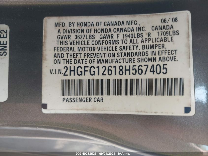 2HGFG12618H567405 2008 Honda Civic Lx