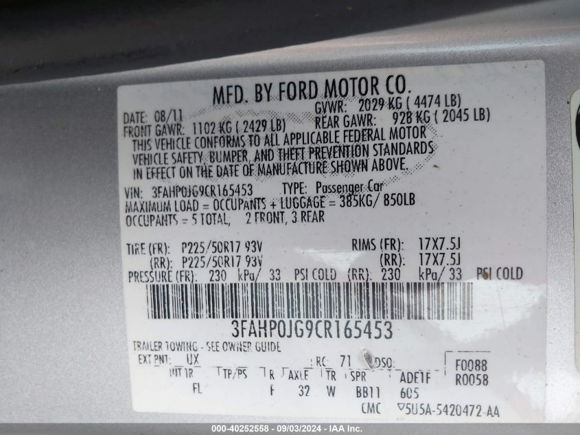 2012 Ford Fusion Sel VIN: 3FAHP0JG9CR165453 Lot: 40252558