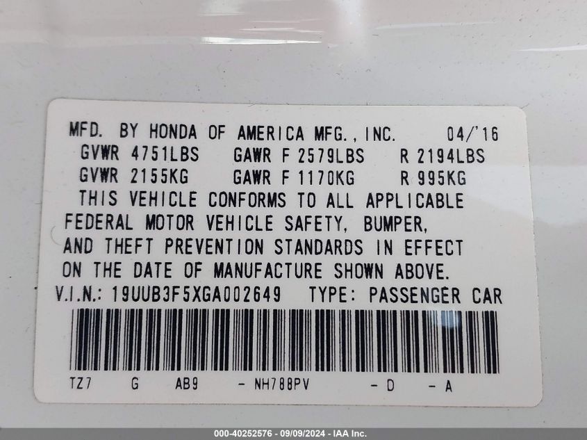 19UUB3F5XGA002649 2016 Acura Tlx V6 Tech