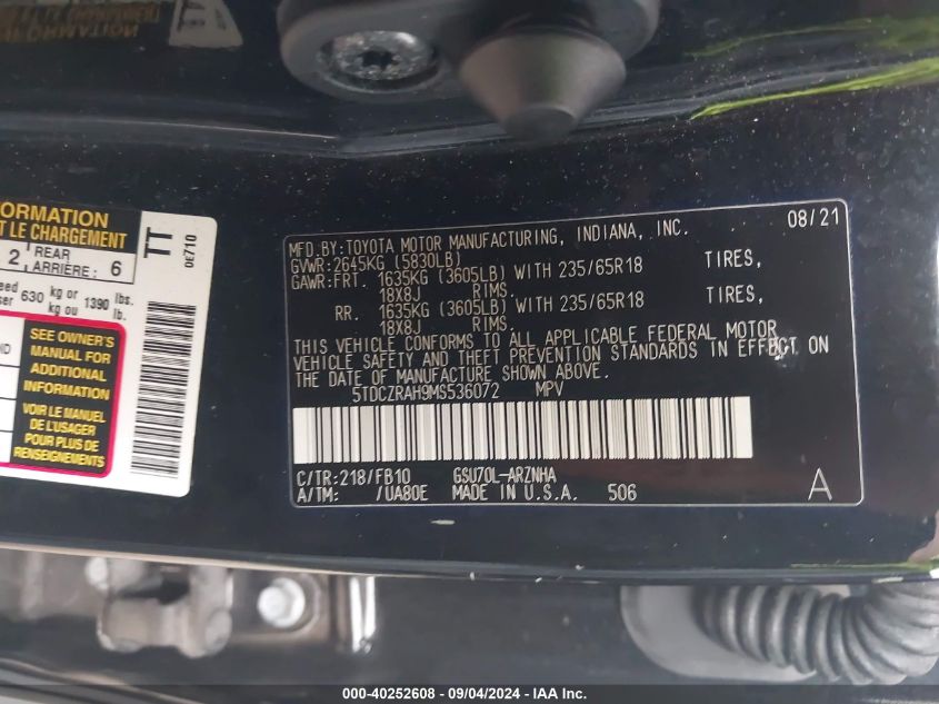 5TDCZRAH9MS536072 2021 Toyota Highlander L