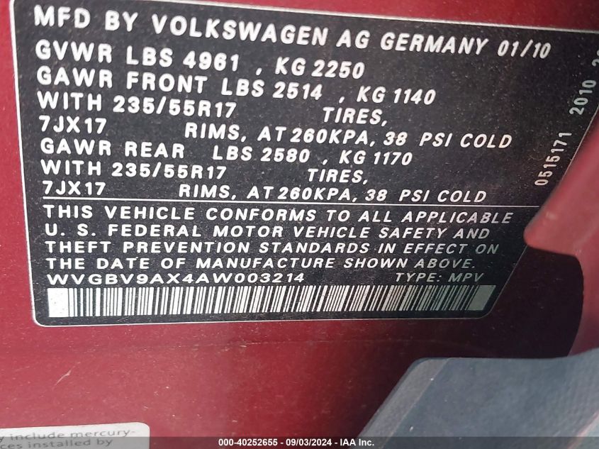 2010 Volkswagen Tiguan Wolfsburg Edition VIN: WVGBV9AX4AW003214 Lot: 40252655