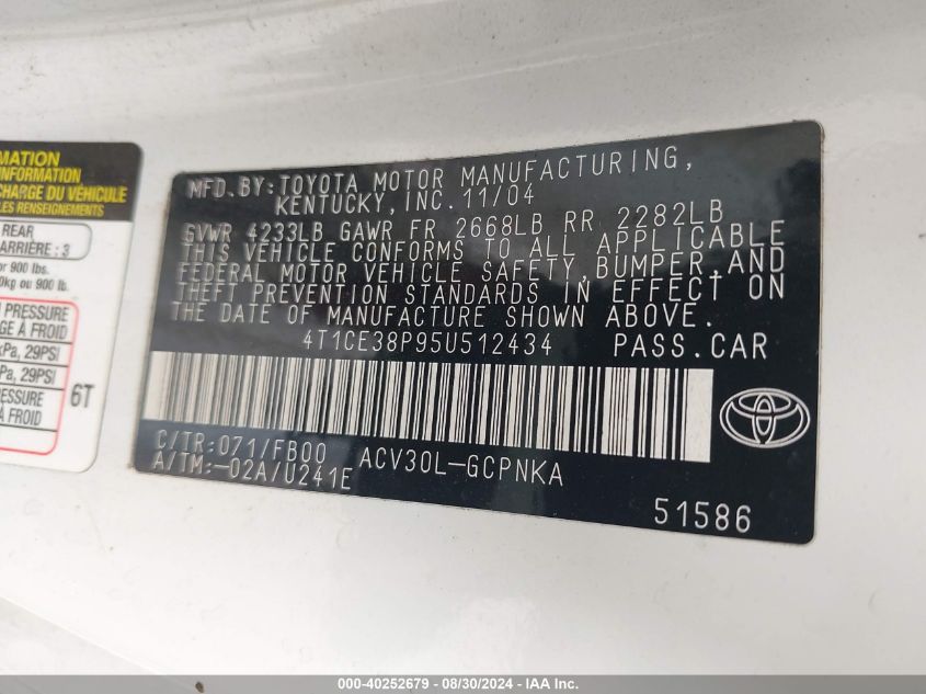 4T1CE38P95U512434 2005 Toyota Camry Solara Se