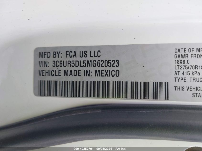 2021 Ram 2500 Big Horn 4X4 6'4 Box VIN: 3C6UR5DL5MG620523 Lot: 40252701