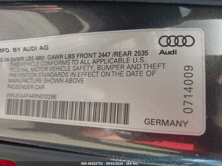 2024 Audi A4 Premium Plus 45 Tfsi S Line Quattro S Tronic VIN: WAUEAAF44RN010286 Lot: 40252753