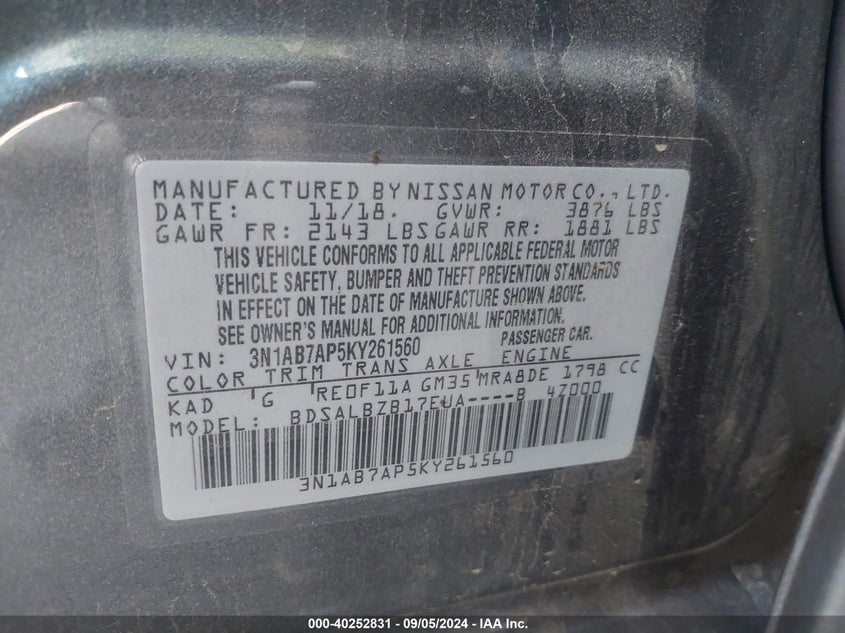 VIN 3N1AB7AP5KY261560 2019 NISSAN SENTRA S