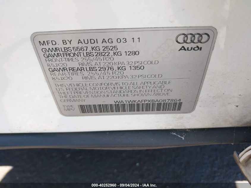 2011 Audi Q5 3.2 Premium Plus VIN: WA1WKAFPXBA087864 Lot: 40252960