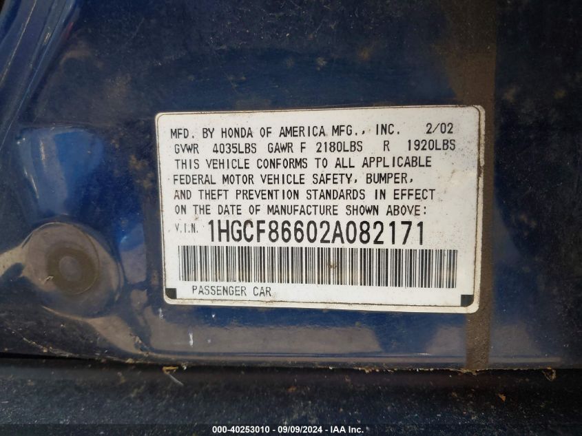 1HGCF86602A082171 2002 Honda Accord 2.3 Vp