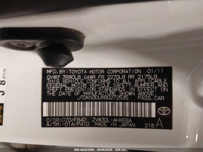 2011 Toyota Prius Two VIN: JTDKN3DUXB0272535 Lot: 40253056