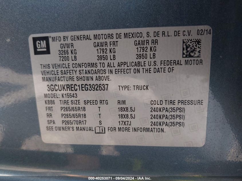 3GCUKREC1EG392637 2014 Chevrolet Silverado 1500 K1500 Lt