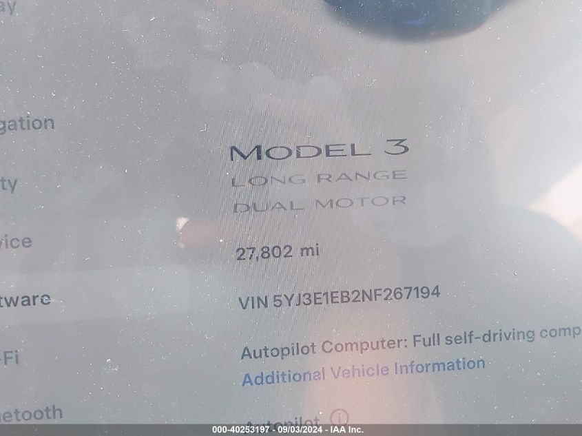 2022 Tesla Model 3 Long Range Dual Motor All-Wheel Drive VIN: 5YJ3E1EB2NF267194 Lot: 40253197