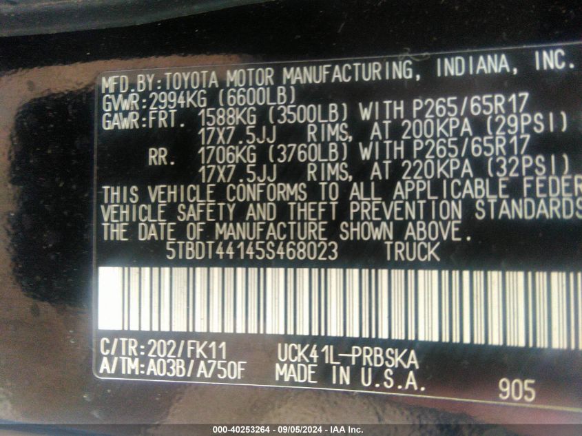 5TBDT44145S468023 2005 Toyota Tundra Sr5 V8