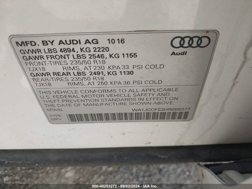 WA1JCCFS3HR009377 2017 Audi Q3 2.0T Premium