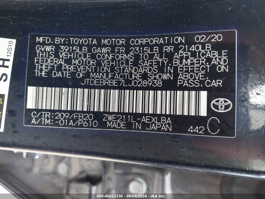 2020 TOYOTA COROLLA LE - JTDEBRBE7LJ028938