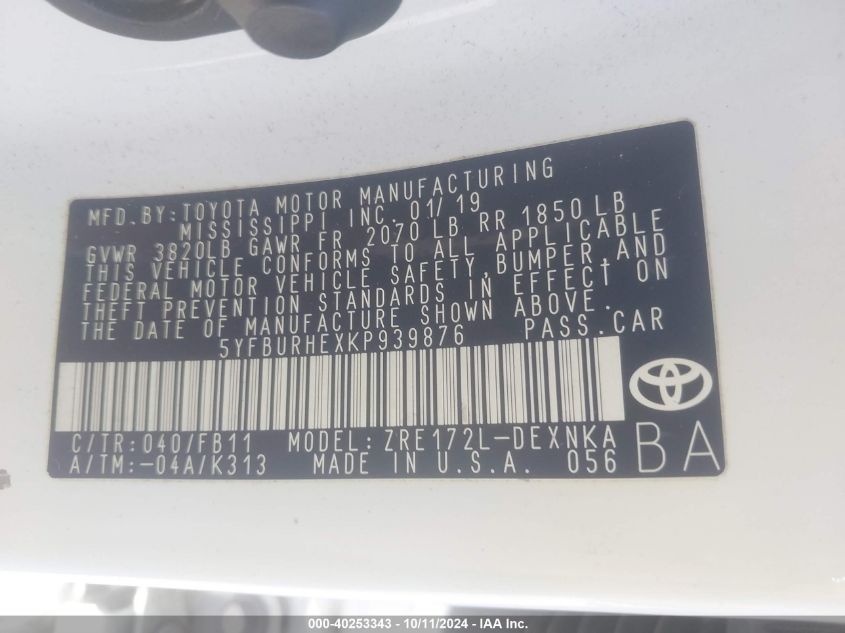 5YFBURHEXKP939876 2019 Toyota Corolla Le