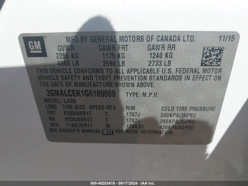 2GNALCEK1G6189869 2016 Chevrolet Equinox Lt