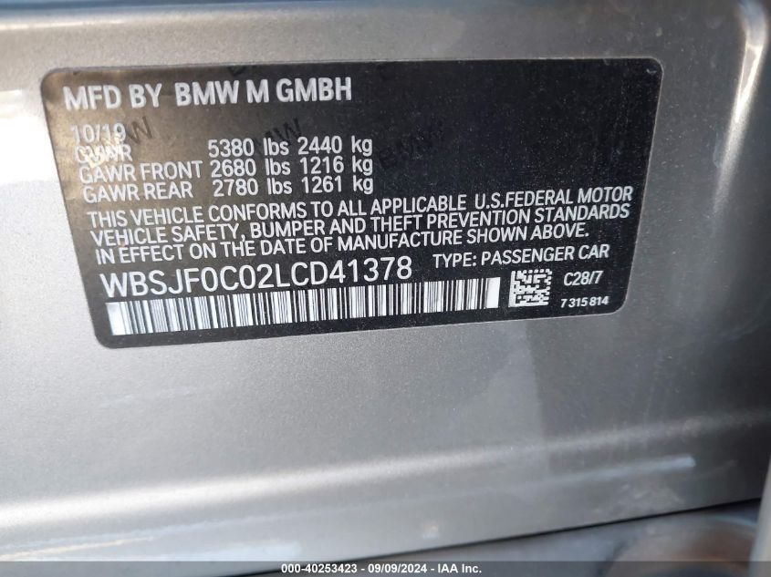 2020 BMW M5 VIN: WBSJF0C02LCD41378 Lot: 40253423