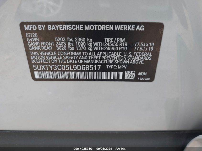 VIN 5UXTY3C05L9D68517 2020 BMW X3, Sdrive30I no.9