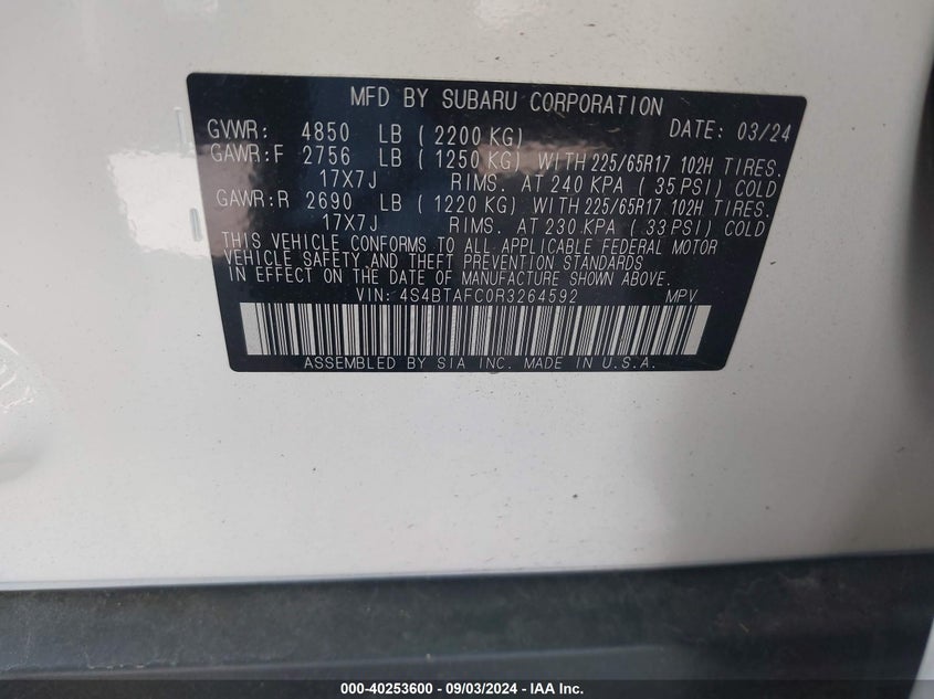 VIN 4S4BTAFC0R3264592 2024 SUBARU OUTBACK PREMIUM