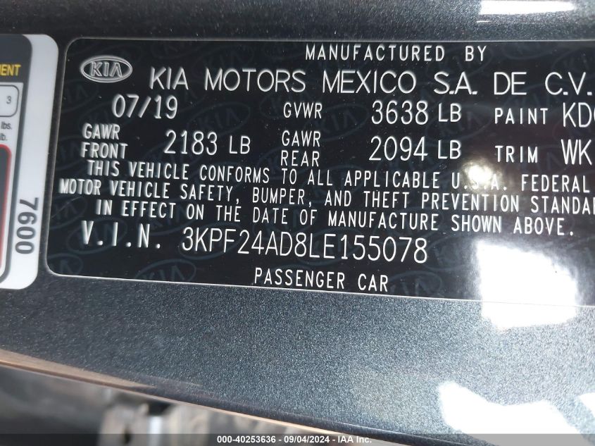 2020 Kia Forte Fe/Lxs VIN: 3KPF24AD8LE155078 Lot: 40253636