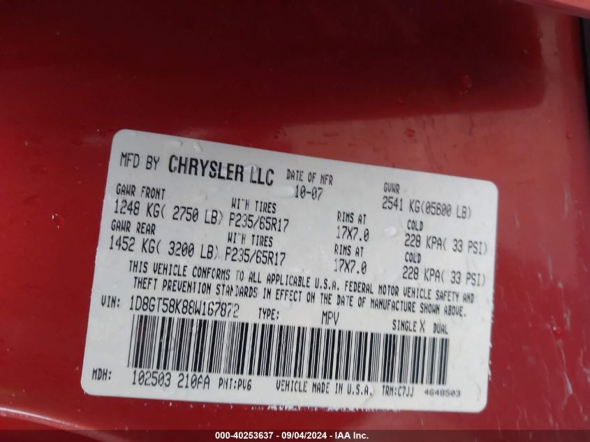 2008 Dodge Nitro Slt VIN: 1D8GT58K88W167872 Lot: 40253637