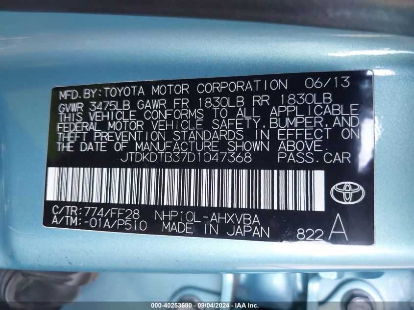 JTDKDTB37D1047368 2013 Toyota Prius C