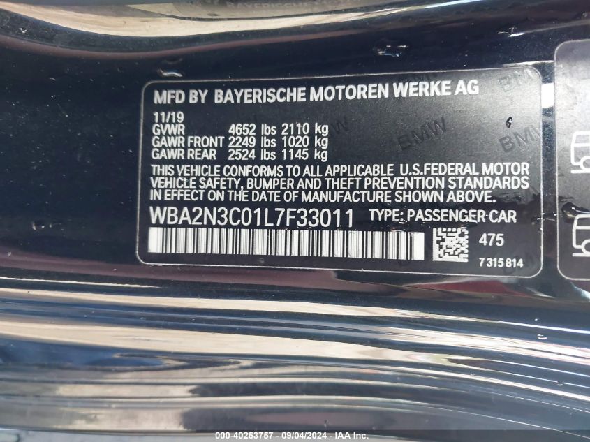 2020 BMW M240I xDrive VIN: WBA2N3C01L7F33011 Lot: 40253757