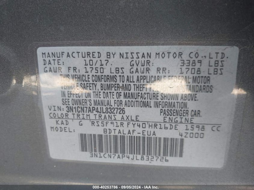 3N1CN7AP4JL832726 2018 Nissan Versa S/S Plus/Sv/Sl