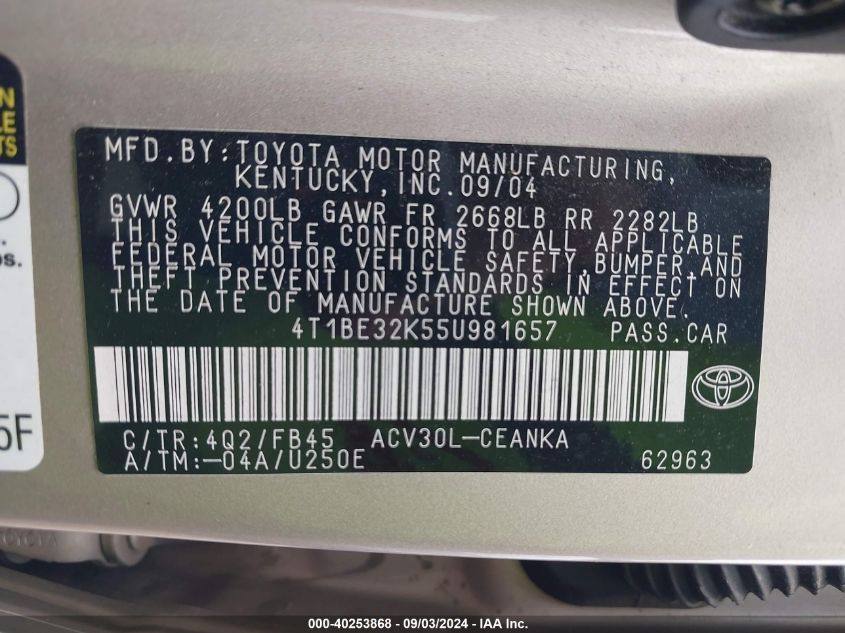 4T1BE32K55U981657 2005 Toyota Camry Le