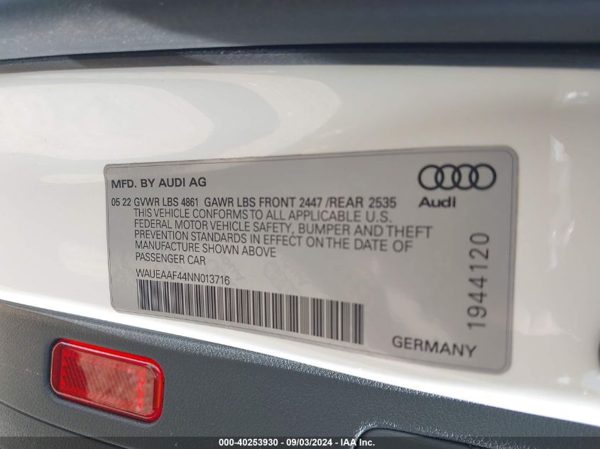 2022 Audi A4 Premium Plus 45 Tfsi S Line Quattro S Tronic VIN: WAUEAAF44NN013716 Lot: 40253930