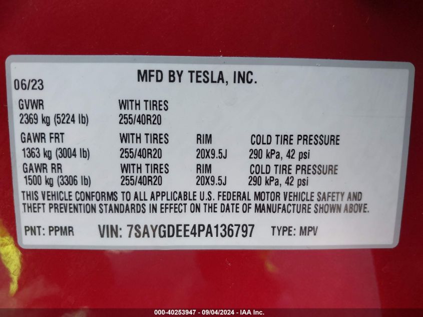 2023 TESLA MODEL Y AWD/LONG RANGE DUAL MOTOR ALL-WHEEL DRIVE - 7SAYGDEE4PA136797