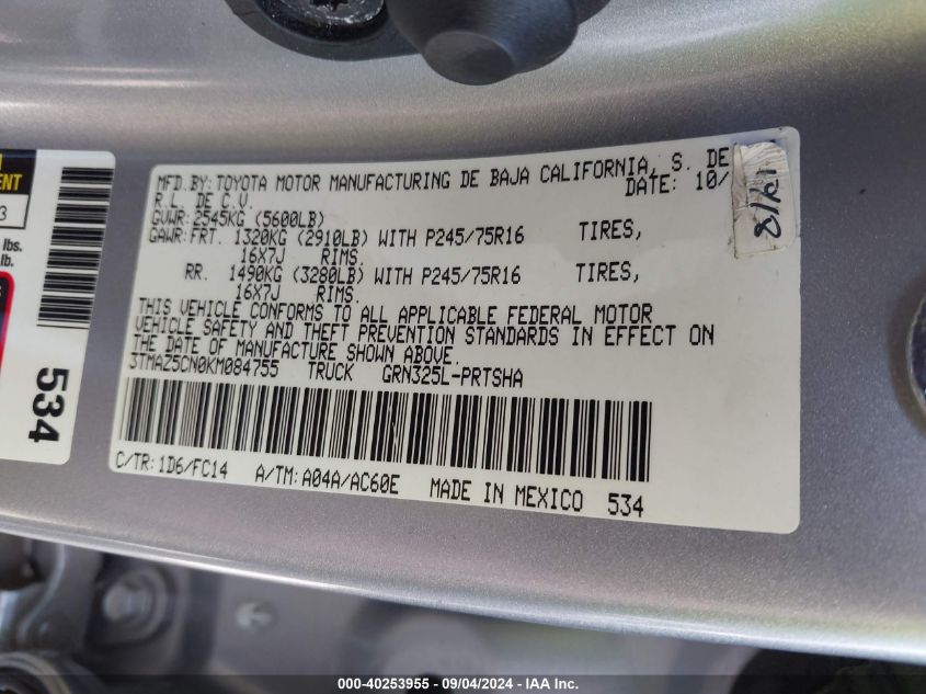 3TMAZ5CN0KM084755 2019 Toyota Tacoma Sr5 V6