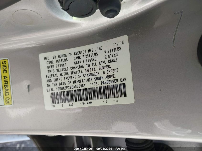 2011 Acura Tl 3.5 VIN: 19UUA8F28BA005984 Lot: 40254001