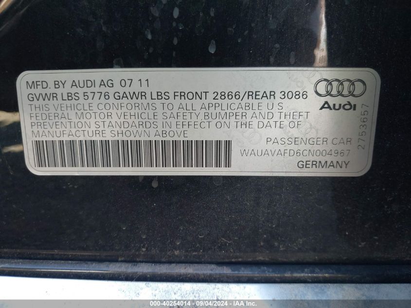 2012 Audi A8 4.2 VIN: WAUAVAFD6CN004967 Lot: 40254014