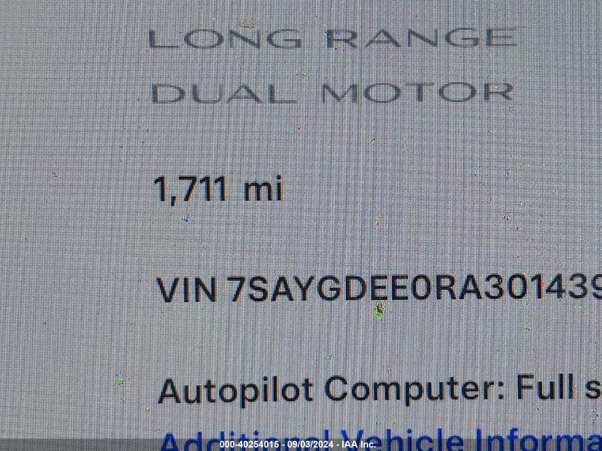 2024 Tesla Model Y Long Range Dual Motor All-Wheel Drive VIN: 7SAYGDEE0RA301439 Lot: 40254015