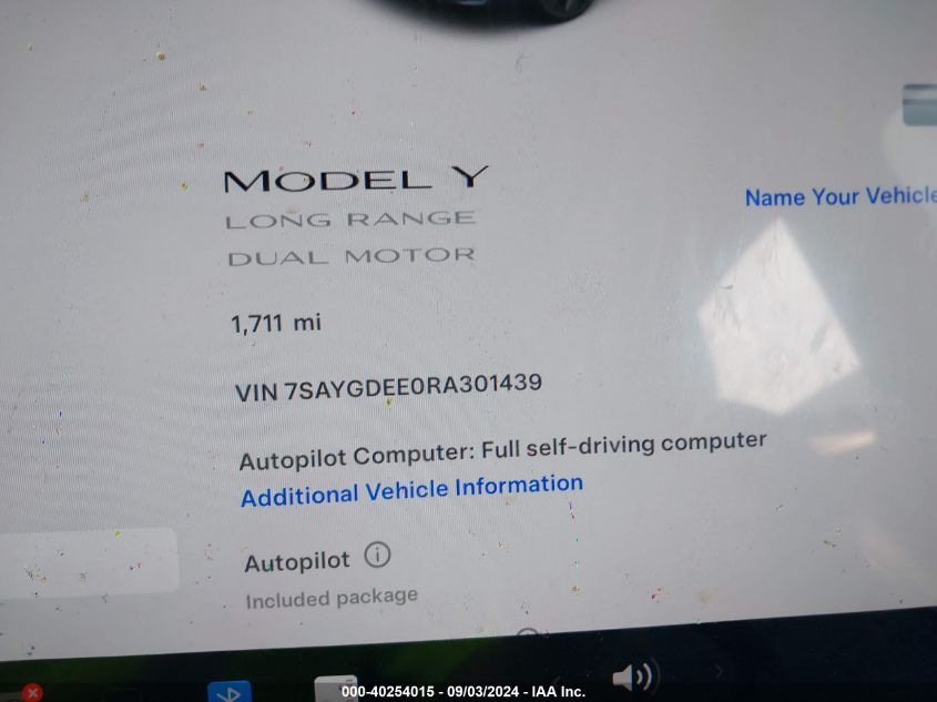 2024 Tesla Model Y Long Range Dual Motor All-Wheel Drive VIN: 7SAYGDEE0RA301439 Lot: 40254015