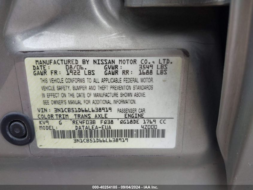 2006 Nissan Sentra 1.8S VIN: 3N1CB51D66L638919 Lot: 40254185