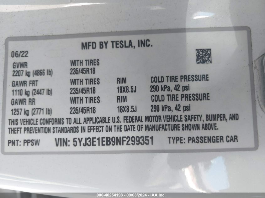 2022 Tesla Model 3 Long Range Dual Motor All-Wheel Drive VIN: 5YJ3E1EB9NF299351 Lot: 40254198