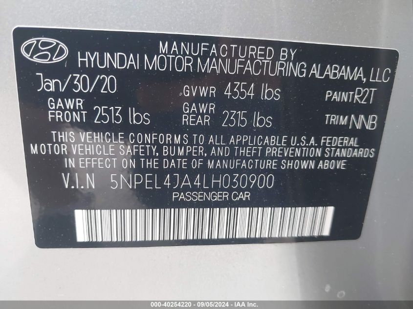 2020 Hyundai Sonata Sel VIN: 5NPEL4JA4LH030900 Lot: 40254220