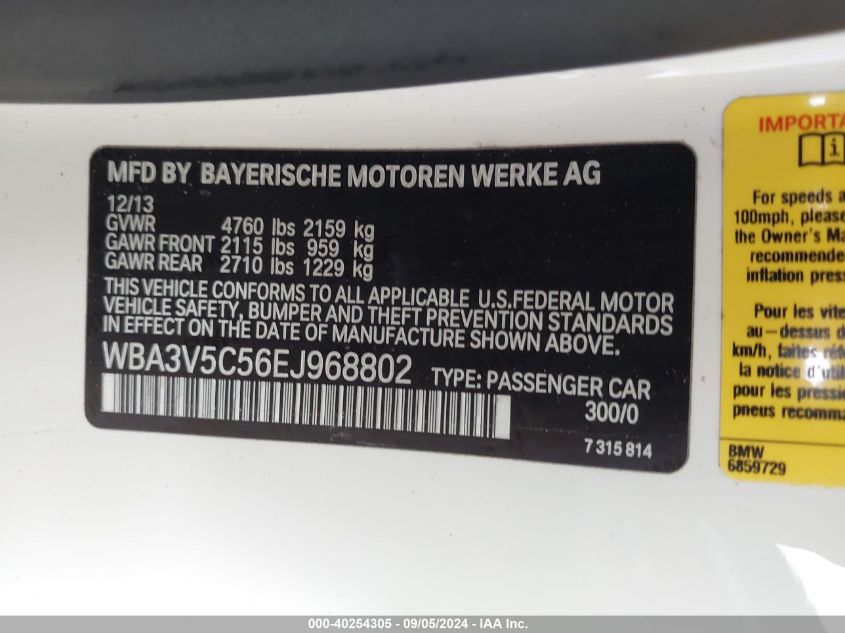 2014 BMW 428I I VIN: WBA3V5C56EJ968802 Lot: 40254305